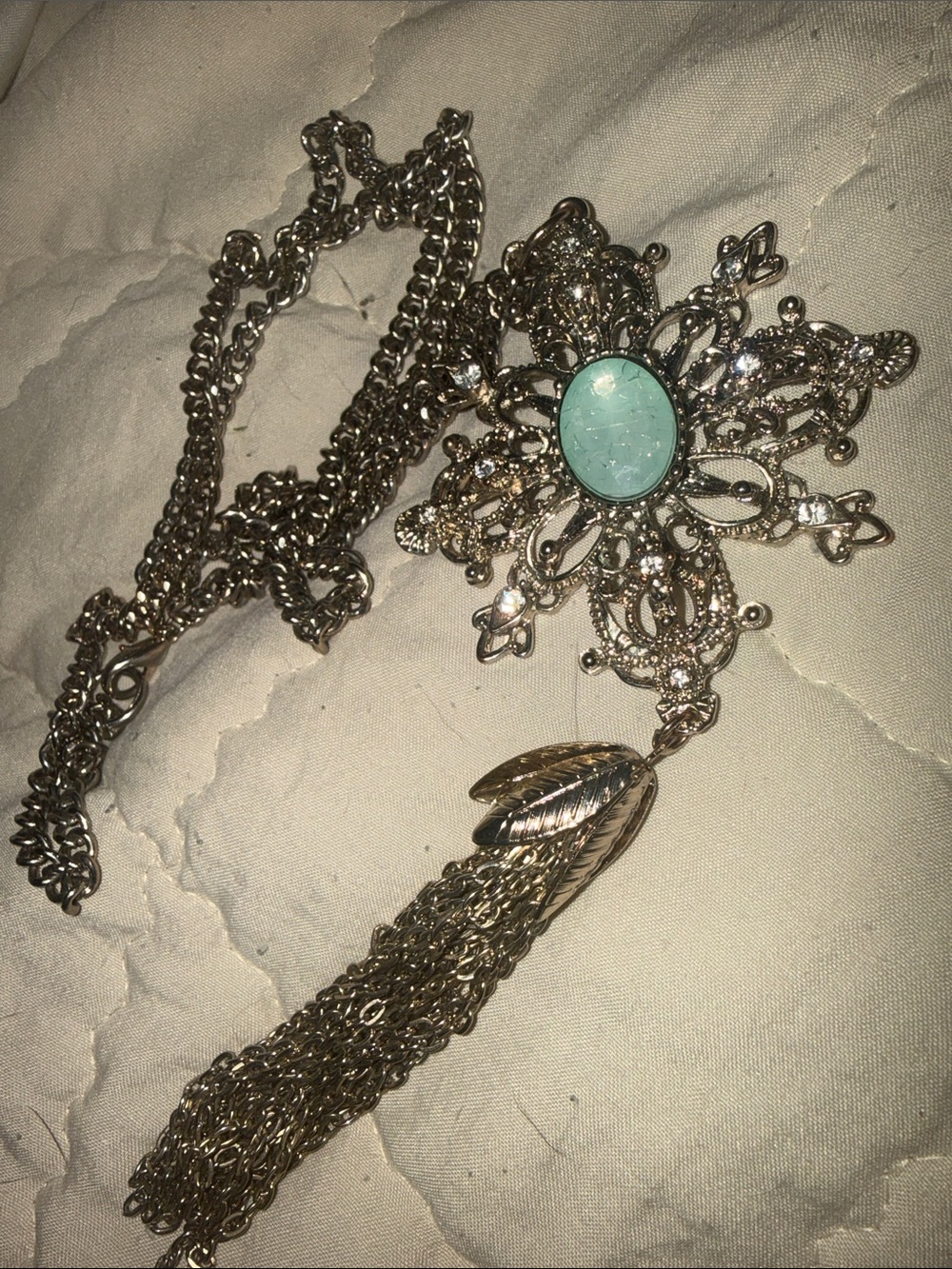 Gold Filigree Necklace with Turquoise Oval Stone and Tassel